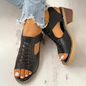 Libiyi Peep Toe Cutout Zipper Chunky Heeled Sandals - Libiyi