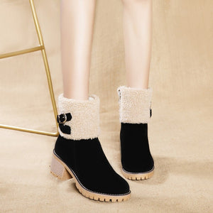 Women's thick heel leather buckle warm boots - Libiyi