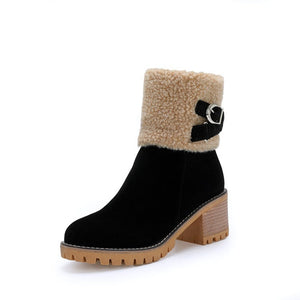 Women's thick heel leather buckle warm boots - Libiyi