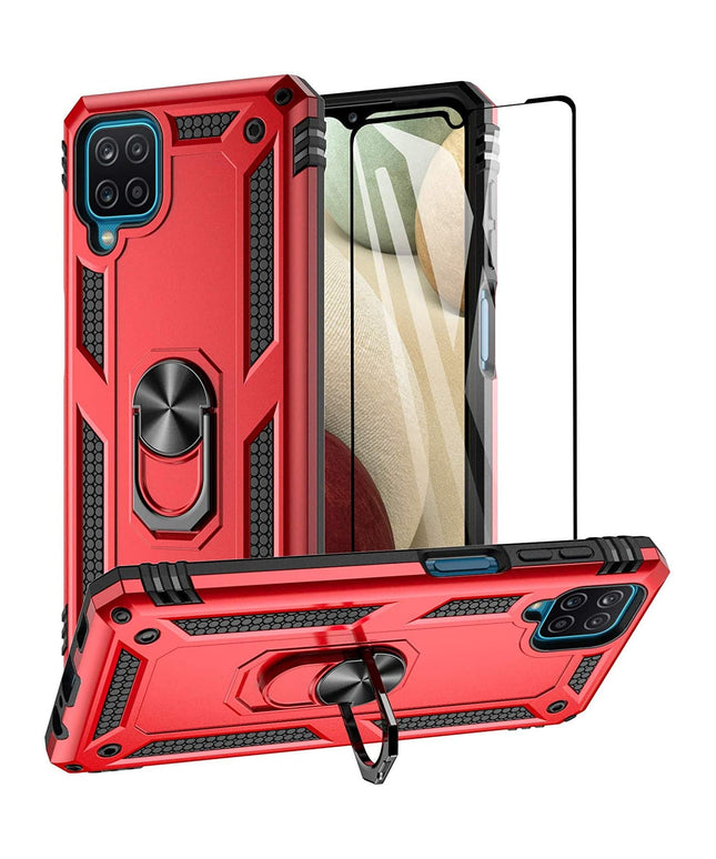 Samsung A12 Luxury Armor Ring Bracket Phone Case With 1-Pack Tempered Glass Screen Protector - Libiyi