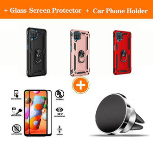Samsung A12 Luxury Armor Ring Bracket Phone Case With 1-Pack Tempered Glass Screen Protector - Libiyi