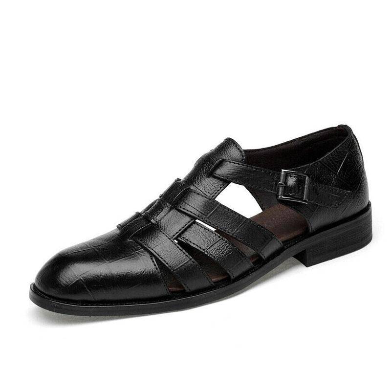 Libiyi Men's Business Casual Sandals Ankle Strap Flats Soft Leather Shoes - Libiyi