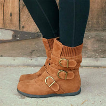 Load image into Gallery viewer, Cushioned Low-Calf Buckled Boots Low Heel Knitted Fabric Zipper Slip On Boots - MagCloset